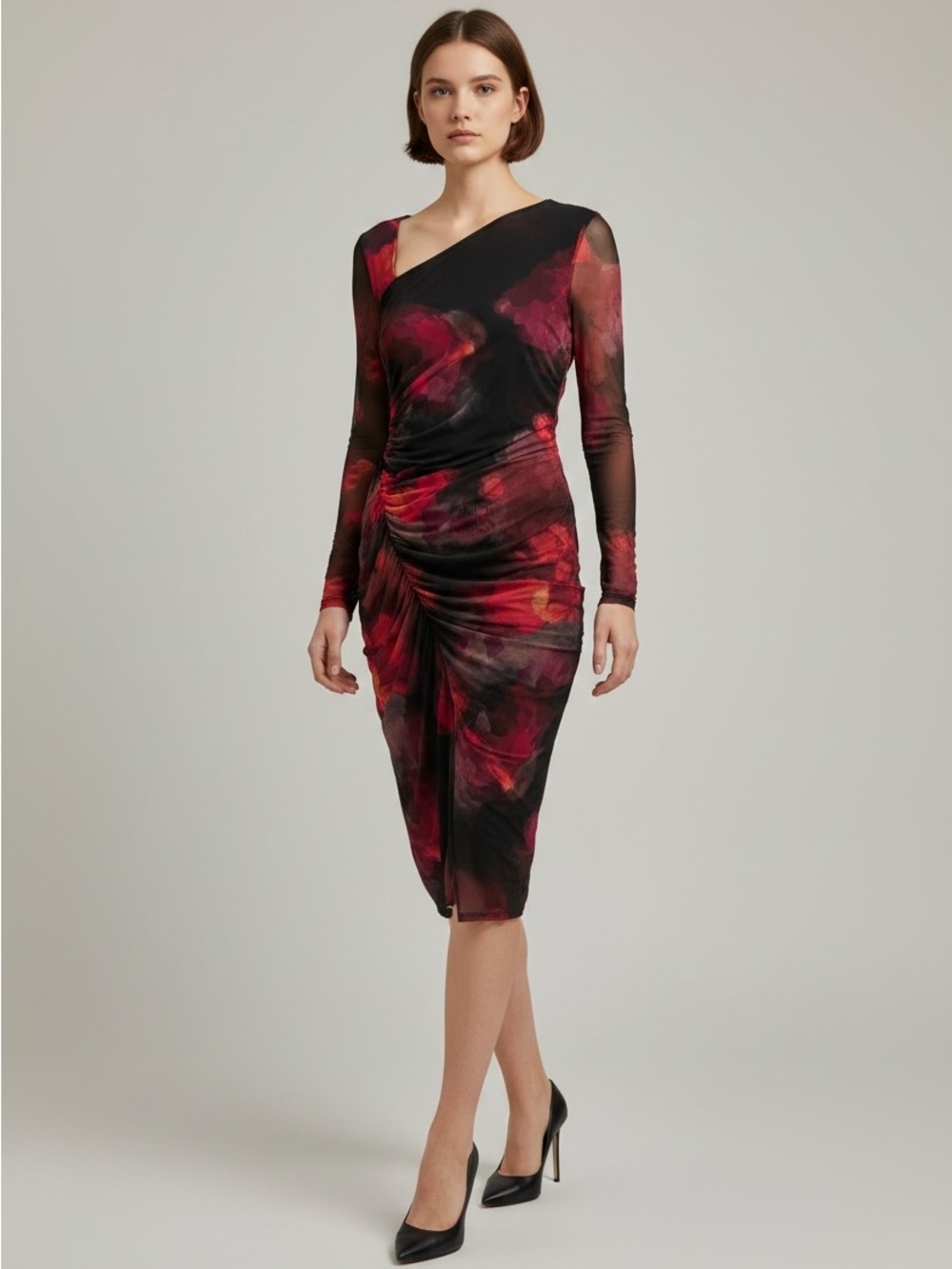 DKNY Ruched Midi Dress Sheer Sleeve Red Black Floral 10P NWT